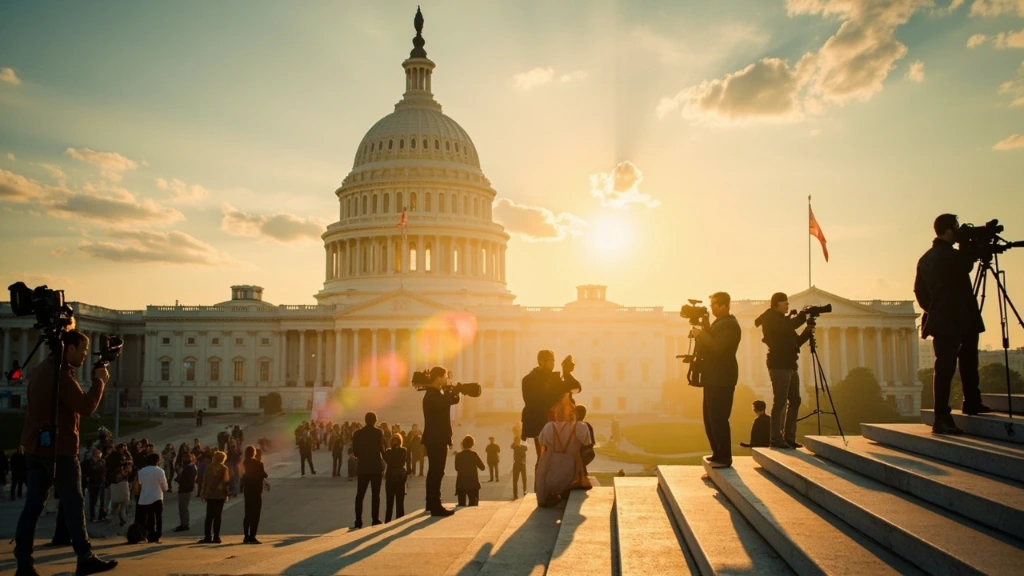The U.S. Capitol building at dawn with reporters on the east steps.
